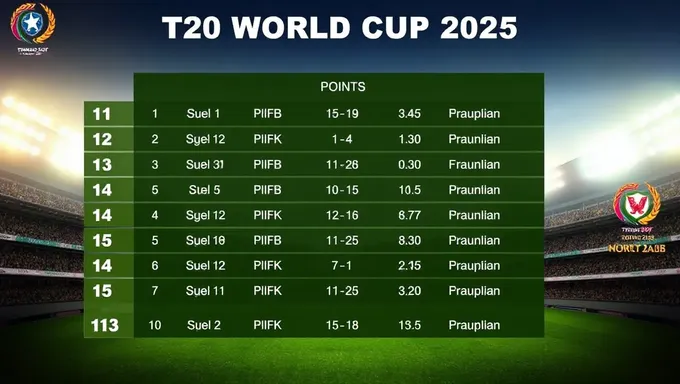 Tabela de Pontos Copa do Mundo T20 2025 Agenda